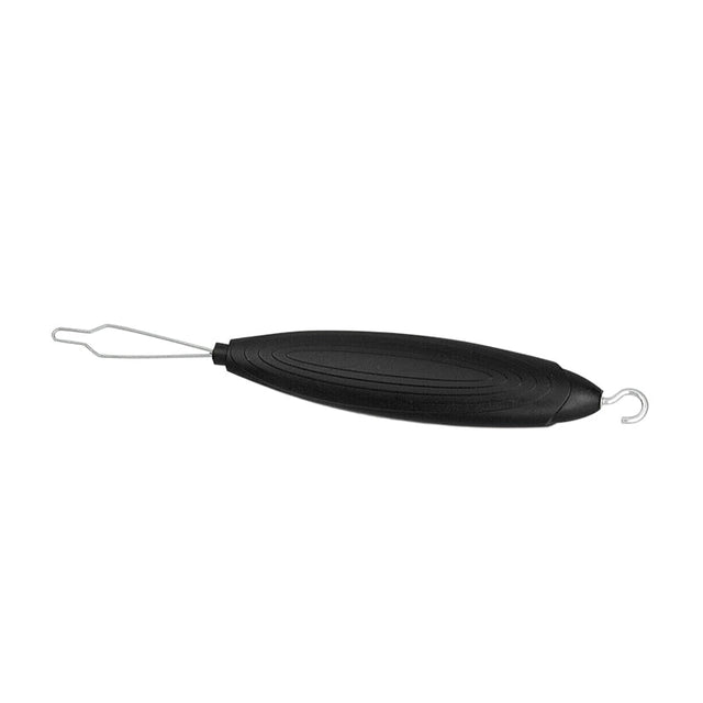 Svart knappknäppare med halksäkert grepp, metallögla för knappar och krok för dragkedjor