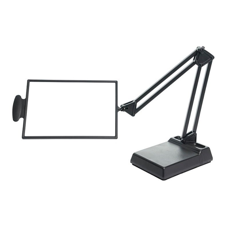 Svart bordslupp med flexibel arm och rektangulärt förstoringsglas på en stabil bas, sett från sidan