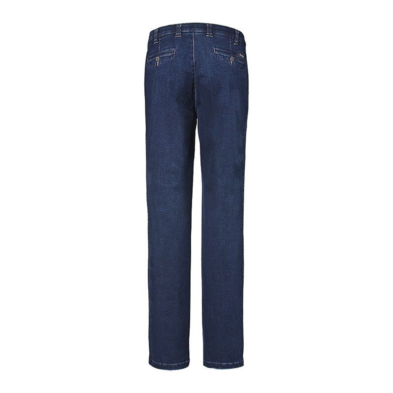 Mørkeblå denimbukser med to baglommer og dekorative syninger, vist bagfra