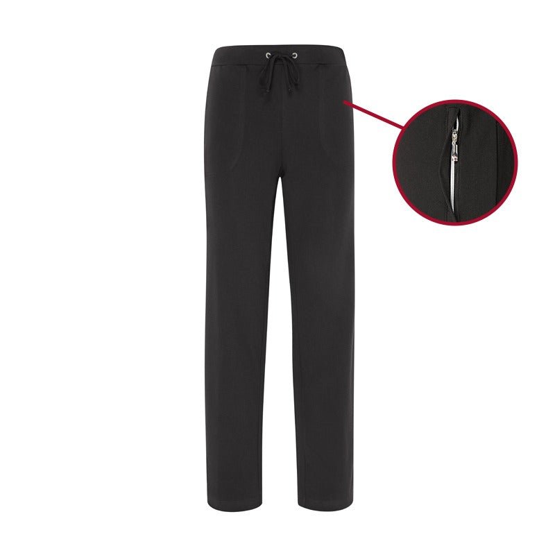 Sorte joggingbukser til damer med detalje af lynlåslomme og snøre i taljen, vist fladt