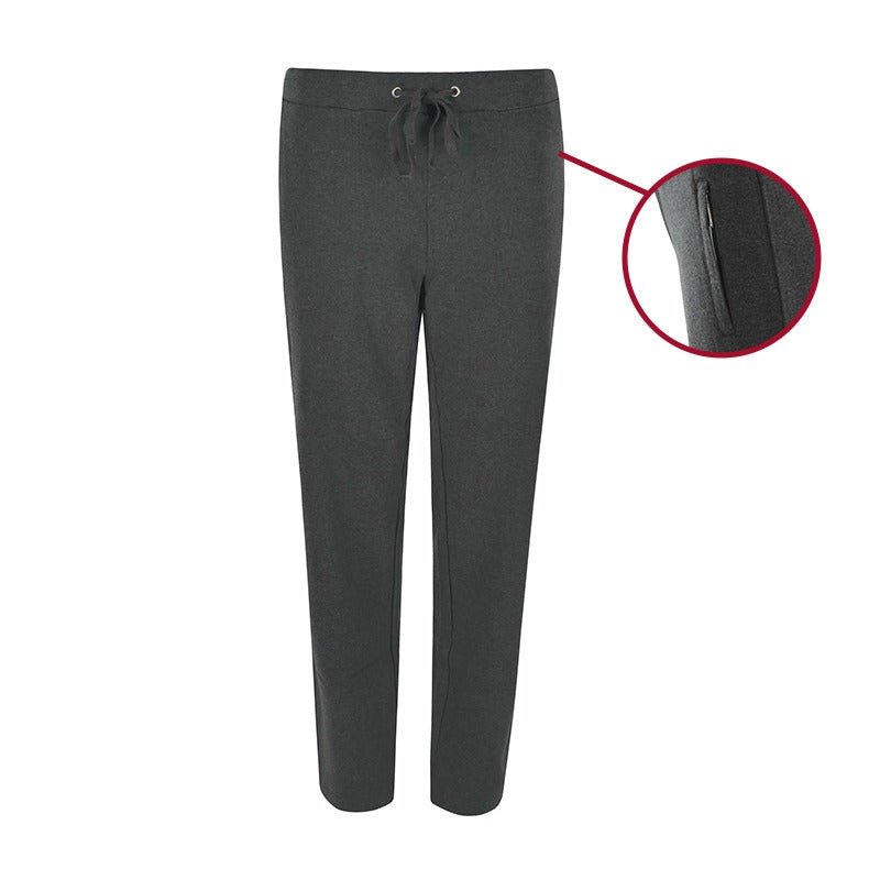 Detaljebillede af koksgrå joggingbukser med lynlåslomme og snøre i taljen