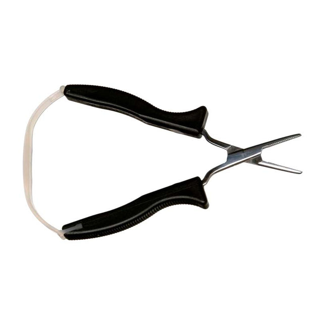 Självöppnande plocktång med svarta ergonomiska handtag, silverfärgade räfflade gripklor och vitt plastband