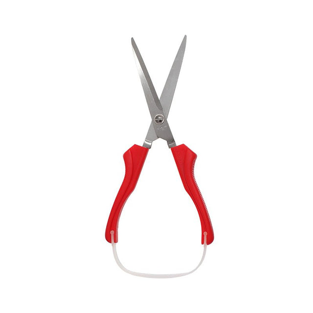 Självöppnande kökssax med röda handtag och silverfärgade blad, tydligt synligt vitt plastband