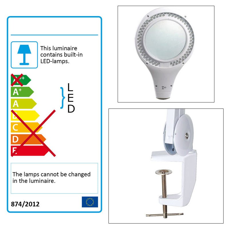 Detaljbilder: närbild på luppens LED-lampor, klämfästet och en energimärkning för LED-belysning