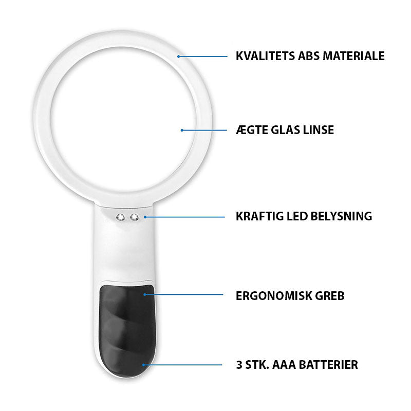 Förstoringsglas med LED-belysning, äkta glaslins och ergonomiskt grepp, sett framifrån