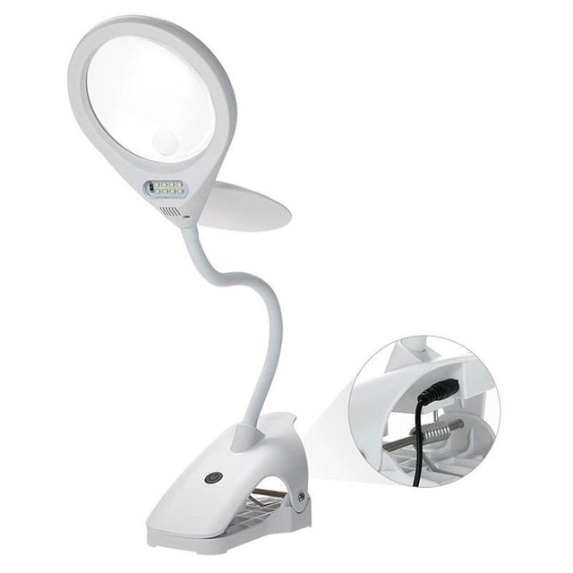 Vit lupplampa med öppet förstoringsglas och synlig LED-belysning, samt en detaljbild på strömkabeln i klämman