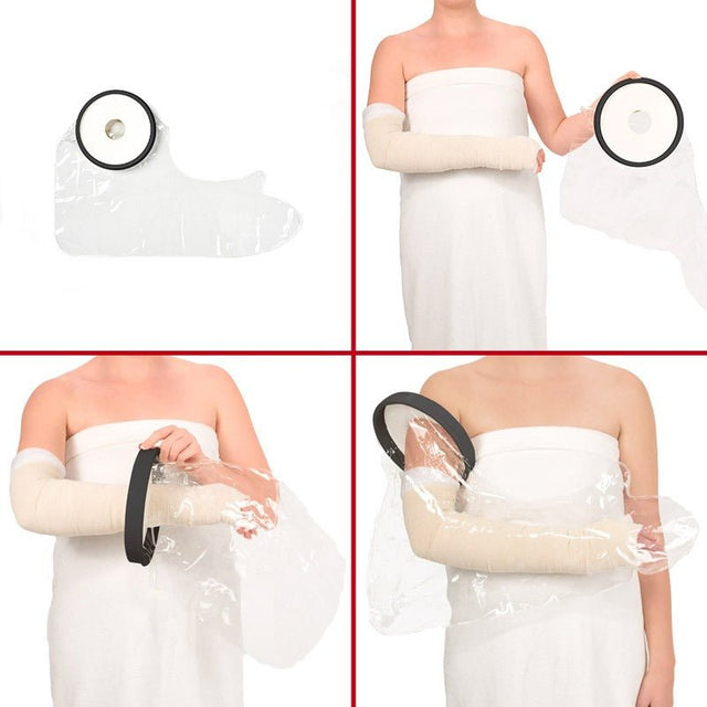 Fyra bilder som visar steg för steg hur man sätter på ett duschskydd för hel arm över ett bandage