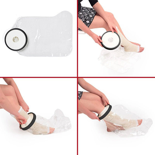 Fyrdelad bild som visar hur duschskyddet för bandage/gips appliceras steg för steg på ett bandagerat smalben