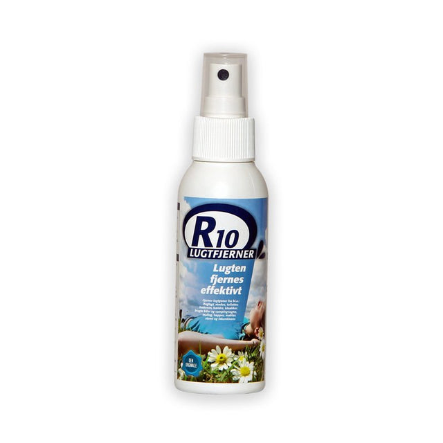 Vit R10 luktborttagare i sprayflaska med blå etikett och bild av en person i en blomsteräng