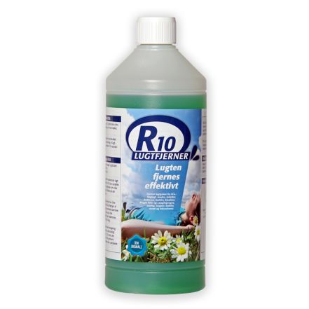 Grön plastflaska med R10 luktborttagare och vit kork, med etikett som visar en person i en blomsteräng
