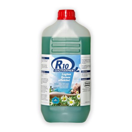 R10 luktborttagare i stor transparent flaska med grön vätska och röd kork, sett framifrån