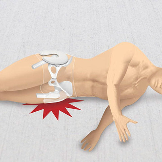 Illustration av en person som faller på sidan med höftskyddet på plats, markerat med en röd stjärna
