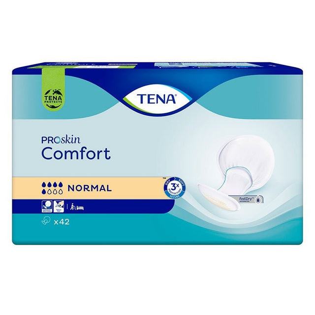 Förpackning med TENA Comfort Normal inkontinensskydd, 42 stycken, i blått och vitt