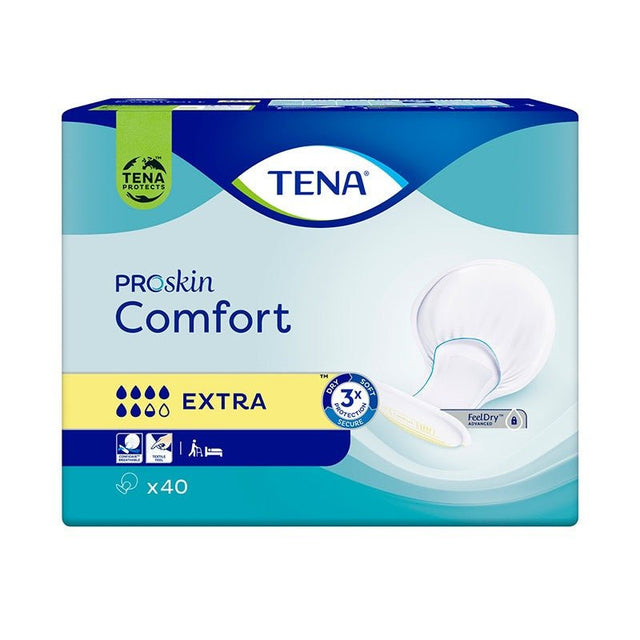 TENA Comfort Extra inkontinensskydd i blå och vit förpackning med 40 stycken, visar ett vitt skålformat skydd