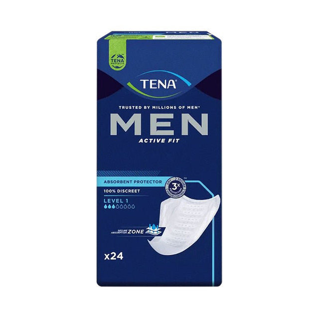 Blå förpackning av TENA Men Active Fit Level 1 inkontinensskydd för män, med ett vitt inlägg synligt