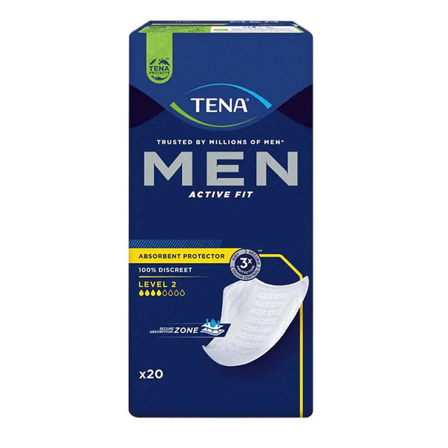 Förpackning av TENA Men Active Fit Level 2 inkontinensskydd för män, med en illustration av bindan