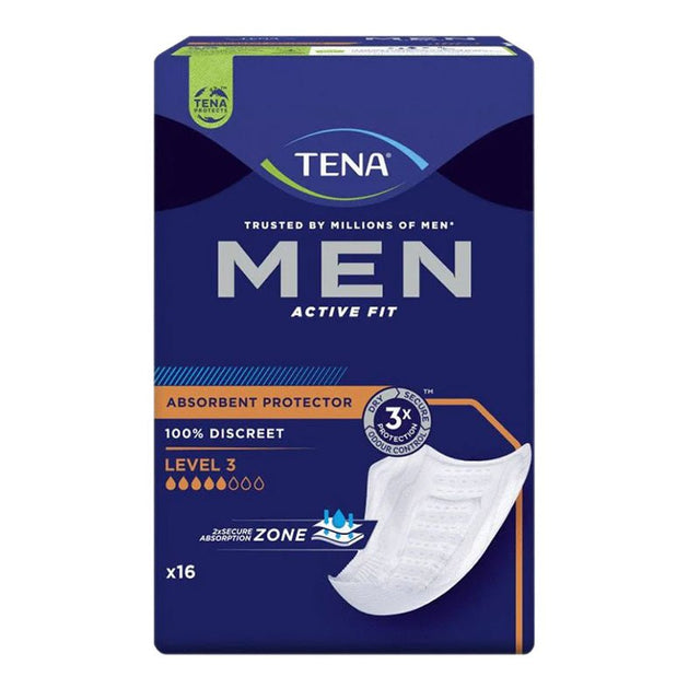 Mörkblå förpackning för TENA Men Active Fit Level 3 inkontinensskydd, med ett vitt inlägg synligt