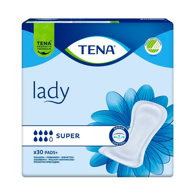TENA Lady super inkontinensbind i blå og lyseblå pakke med hvidt bind og blomst på fronten