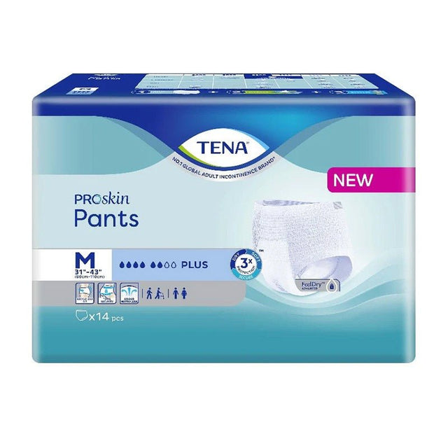 Förpackning med TENA Pants Plus inkontinensskydd, storlek Medium, med en synlig vit vuxenblöja
