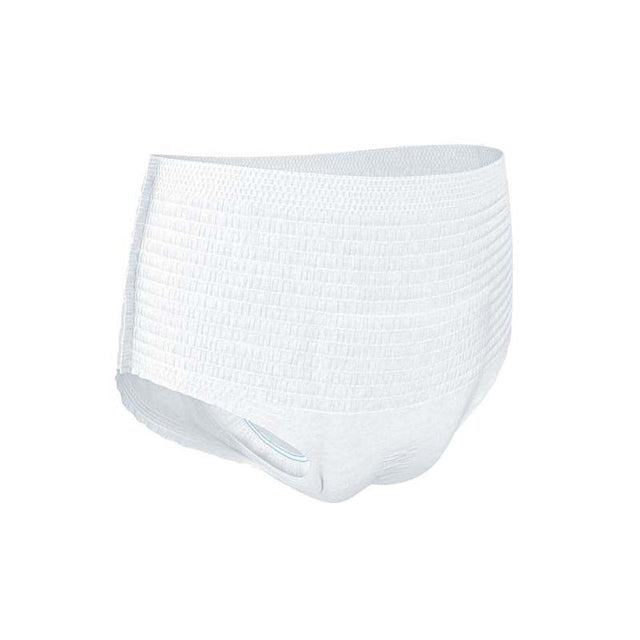 En vit TENA Pants Plus vuxenblöja, utformad som vanliga underkläder, sedd snett framifrån