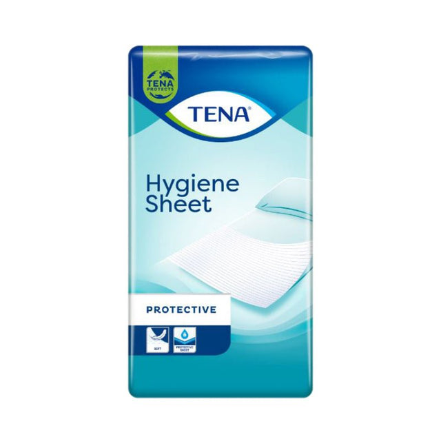 Blå och grön förpackning med Tena engångslakan för inkontinens, med texten "Hygiene Sheet Protective"