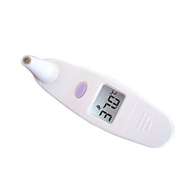 Vit infraröd örontermometer med lila knapp och digital display som visar 37.0°C