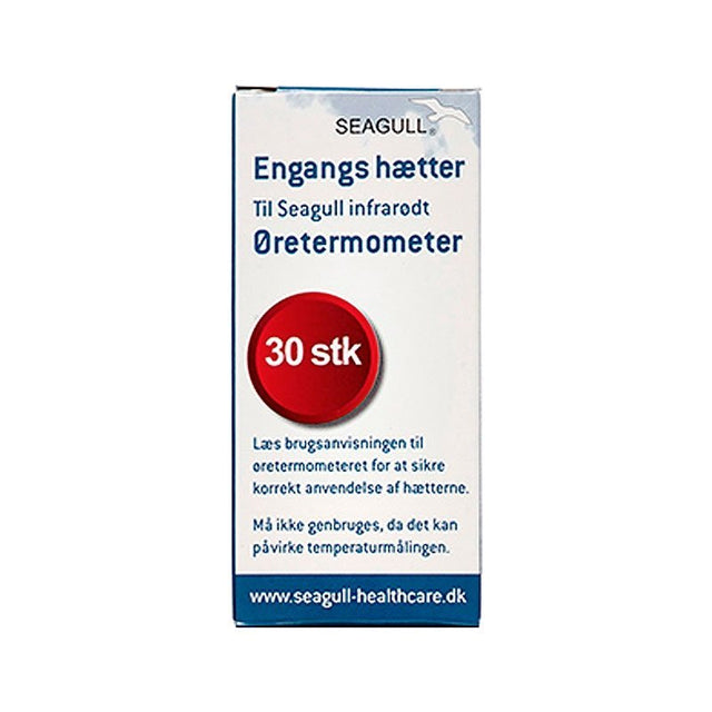 Vit förpackning med 30 st engångslinsskydd för Seagull örontermometer, sedd framifrån