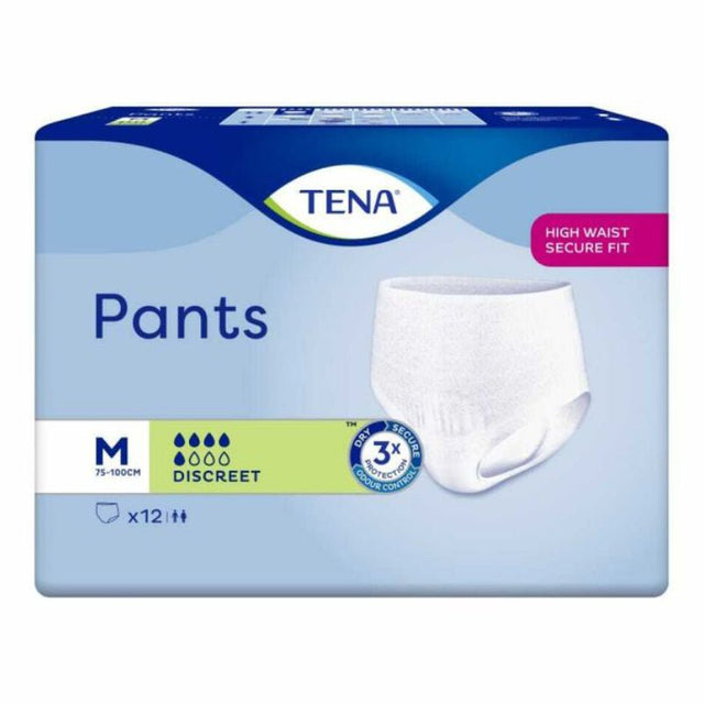 Förpackning med TENA Pants Discreet byxblöjor i storlek medium, med bild av en vit inkontinensbyxa