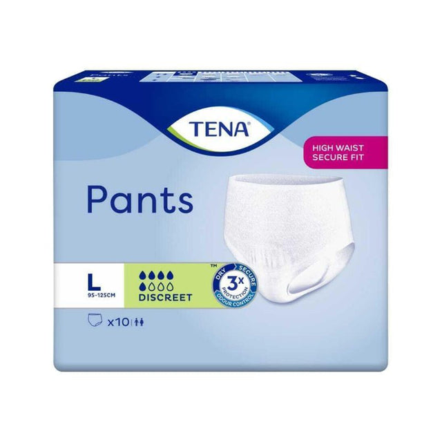 Blå og hvid pakke med TENA Pants Discreet Large inkontinensbukser og en hvid buks foran