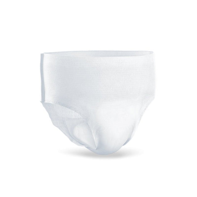 Hvid TENA Pants Discreet inkontinensbuks set forfra med elastisk talje og blød overflade
