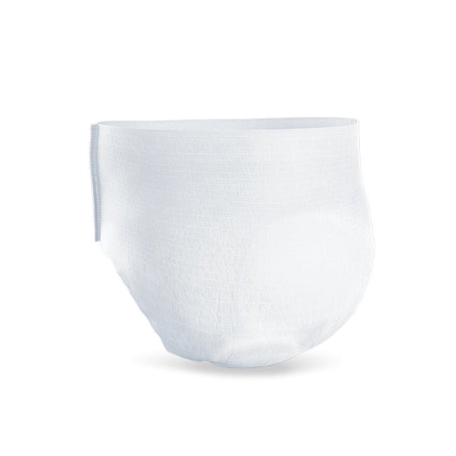 Hvid TENA Pants Discreet inkontinensbuks set fra siden, der viser den elastiske linning og søm
