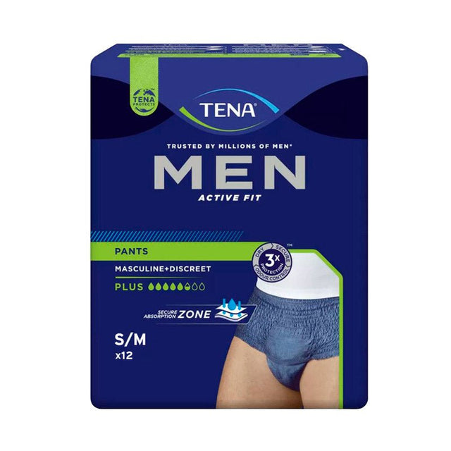 Mørkeblå pakke TENA Men Active Fit Pants Plus inkontinensbind med illustration af blå bukseble på mand