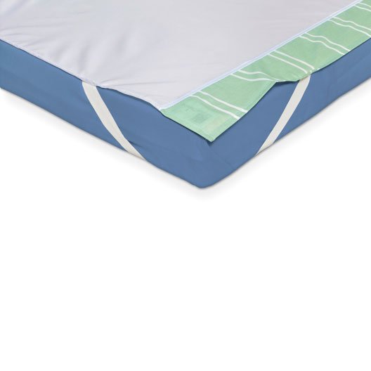 Närbild av ett hörn på SatinSheet glidlakanet med grönrandig kant och vit resår runt madrassen