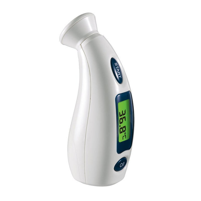 Vit infraröd tinningstermometer med ergonomisk design, grön digital display och blå startknapp