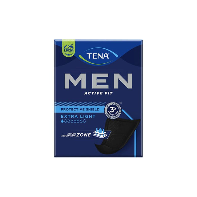 Blå förpackning av TENA Men Active Fit inkontinensskydd för män, med ett svart inlägg synligt