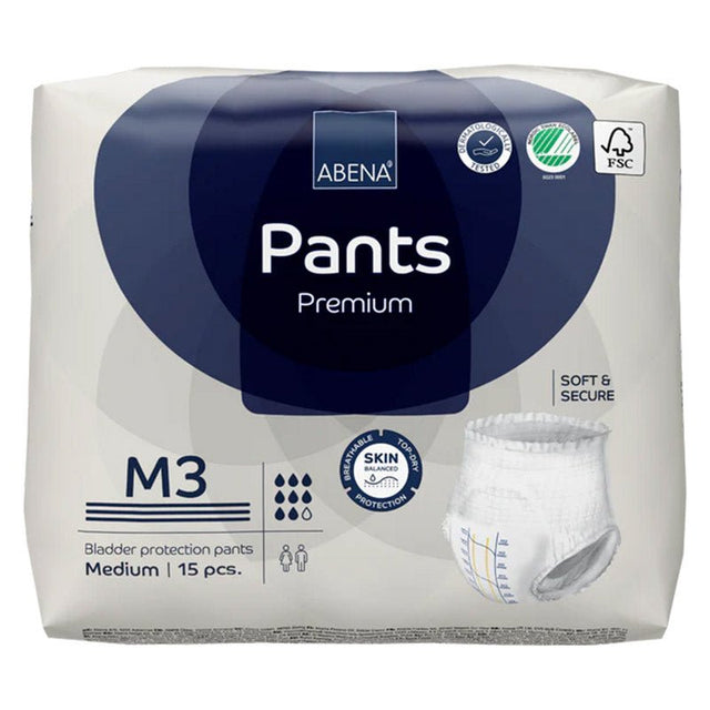 Förpackning Abena Pants byxblöja, storlek M3, med mörkblå design och en liten bild av en vit blöja