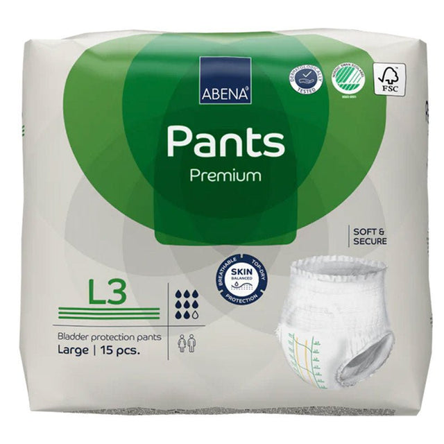 Abena Pants byxblöja i storlek L3, förpackning med grön design och en liten bild av en vit blöja