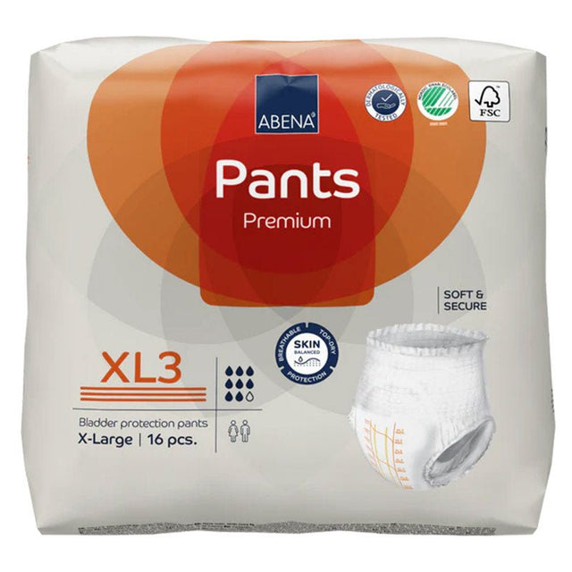 Förpackning Abena Pants byxblöja, storlek XL3, med orange design och en liten bild av en vit blöja