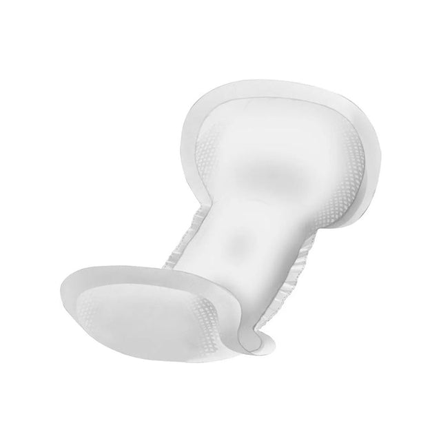En vit kroppsformad Abena Let Anatomic inkontinensbinda sedd snett uppifrån