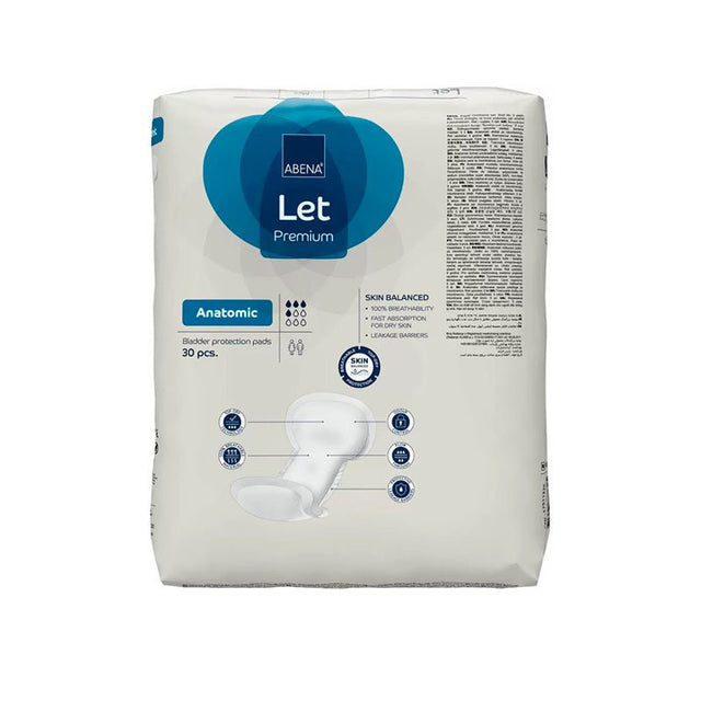 Förpackning med Abena Let Anatomic inkontinensskydd, med detaljer om produkten på framsidan