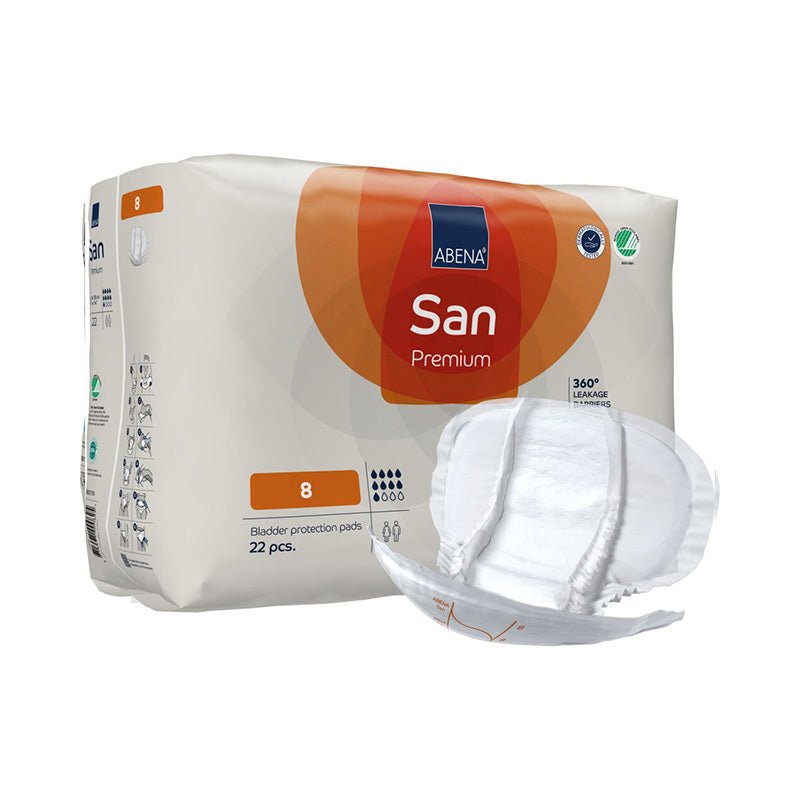 Abena San Premium inkontinensbind str. 8 i pakke med orange etiket og et hvidt, udfoldet bind