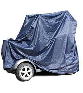 Mörkblått regnskydd för permobil eller elrullstol, täcker fordonet helt från sidan