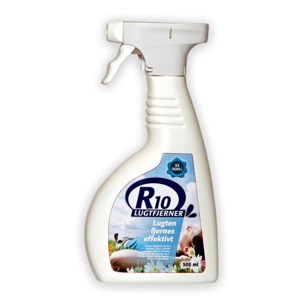Vit R10 luktborttagare i sprayflaska, 500 ml, med etikett som visar en person i blomsterfält