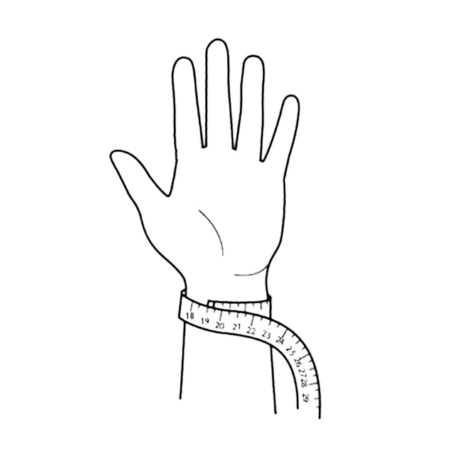 Illustration som visar hur man mäter handledens omkrets med måttband för att hitta rätt storlek