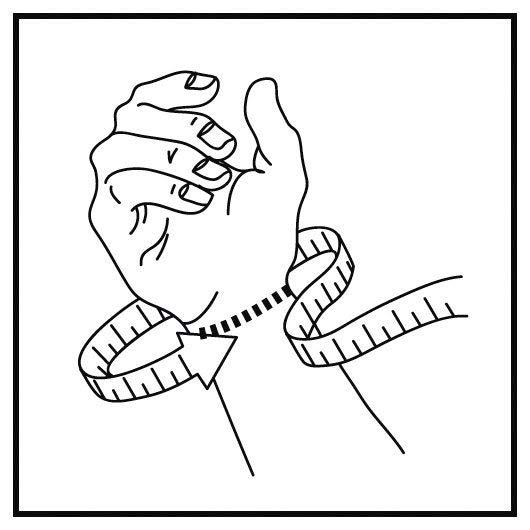 Illustration som visar hur man mäter handledens omkrets för att hitta rätt storlek på tumstödet
