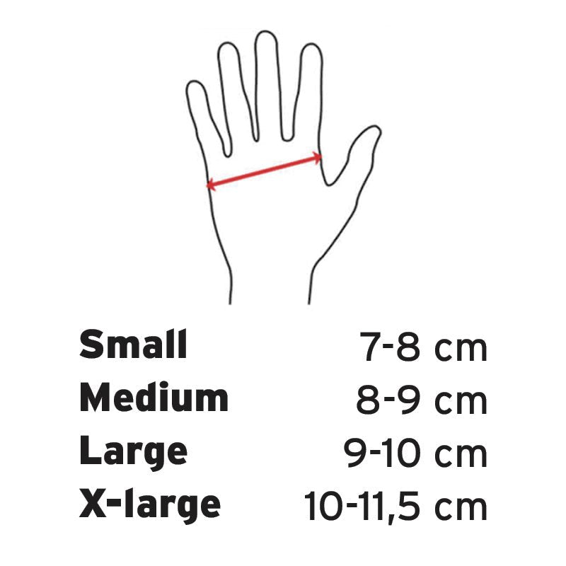 Storleksguide för artroshandskar med illustration av handmått och tabell för storlekarna Small till X-large