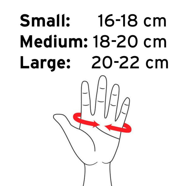 Storleksguide för artroshandskar, visar mått för Small, Medium och Large med en handillustration
