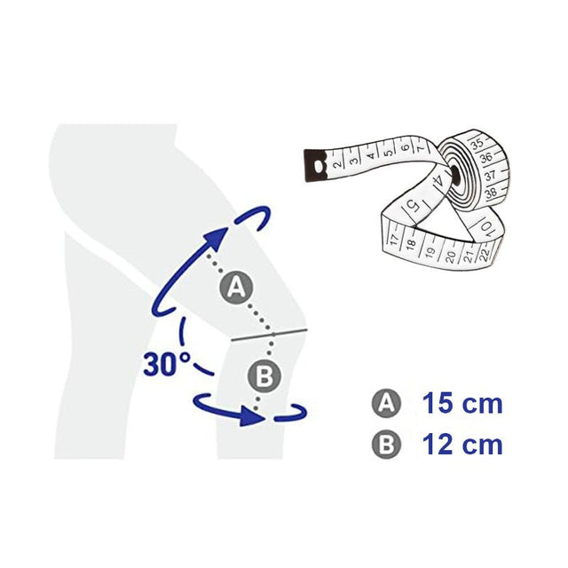 Illustration af hvordan man måler benet med målebånd for at finde den rette størrelse knæbind