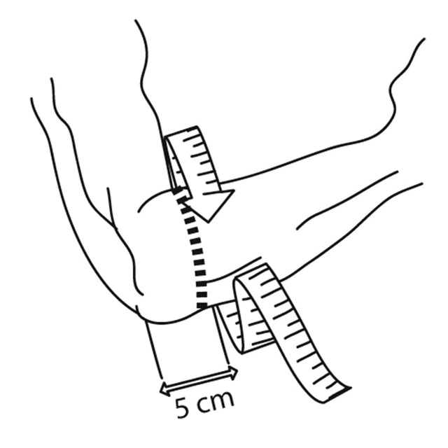 Illustration som visar hur man mäter 5 cm under armbågen för ett armbågsstöd