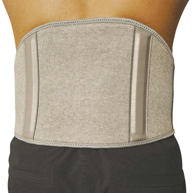 Beige Bambu gördel som ryggstöd med vertikala stödelement, sedd bakifrån på en person
